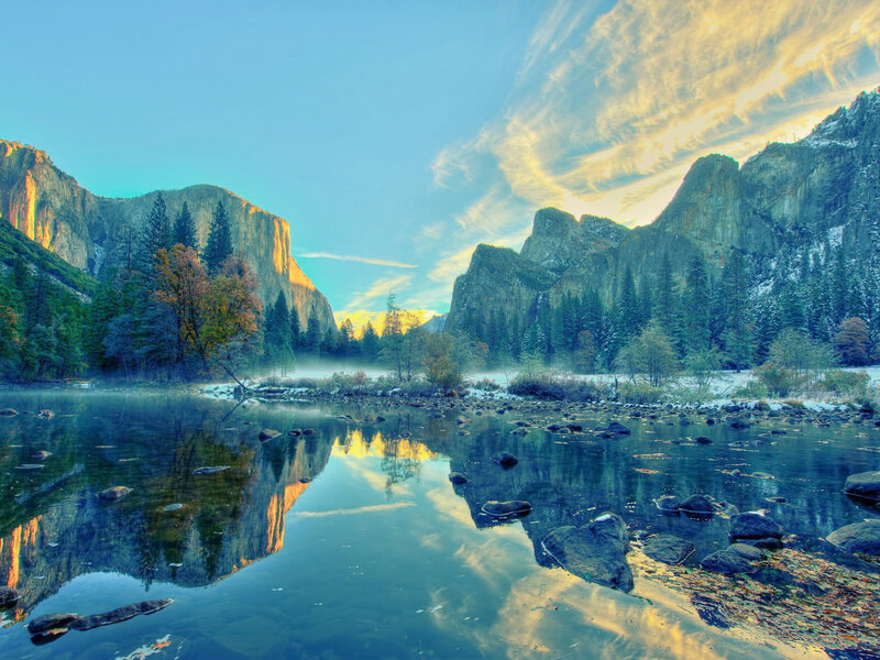 River Reflecting Mountains — Blue, Serene, Morning, Photograph
