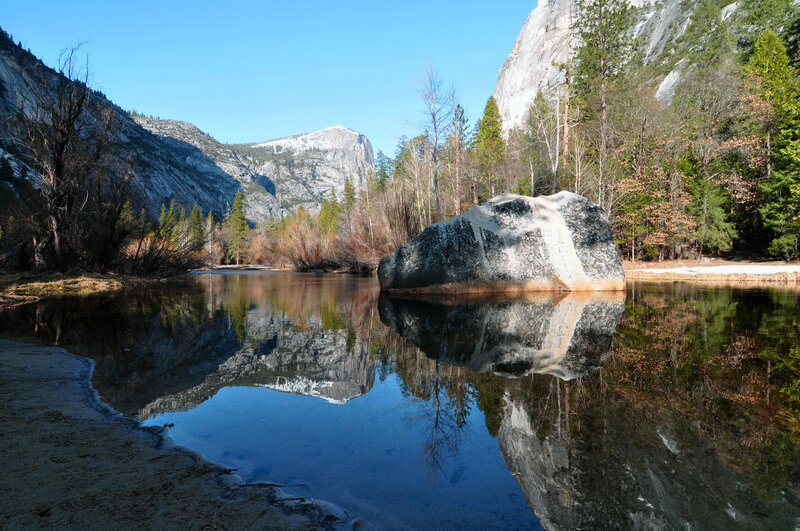 River Reflecting Mountains — Blue, Serene, Morning