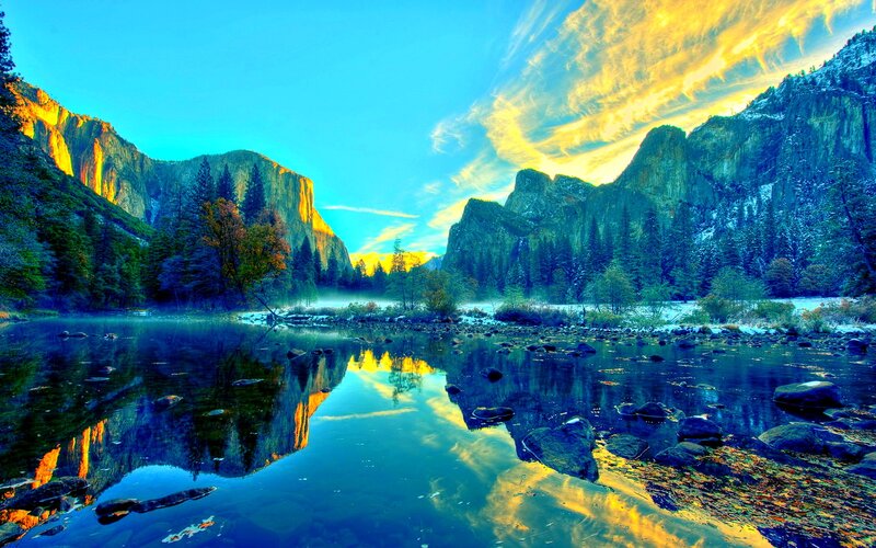 River Reflecting Mountains — Blue, Serene, Sunset