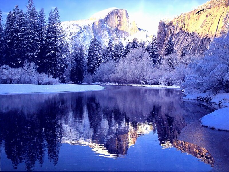 River Reflecting Mountains — Blue, Serene, Winter, Photograph, Snow-covered Trees