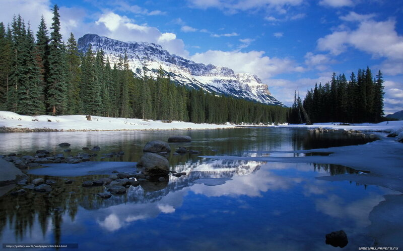 River Reflecting Mountains — Blue, Serene, Winter, Photograph