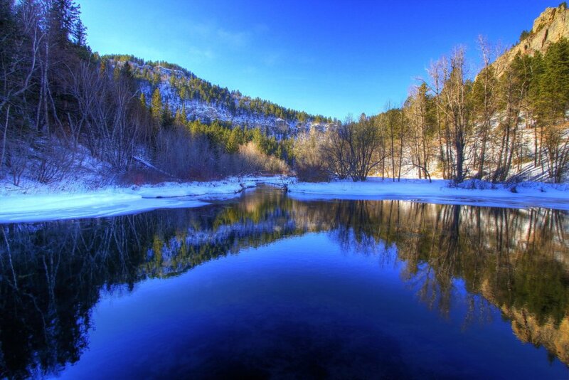 River Reflecting Mountains — Blue, Serene, Winter