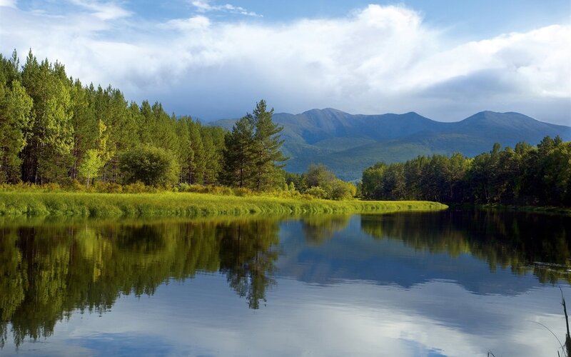 River Reflecting Mountains — Green, Serene, Afternoon, Photograph