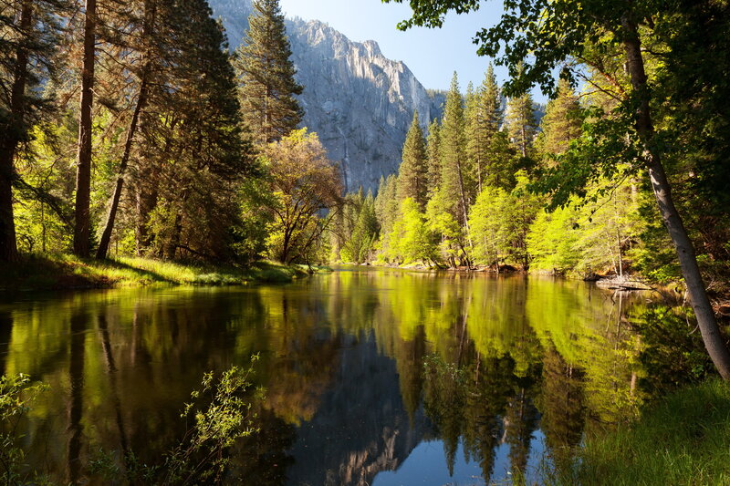 River Reflecting Mountains — Green, Serene, Afternoon