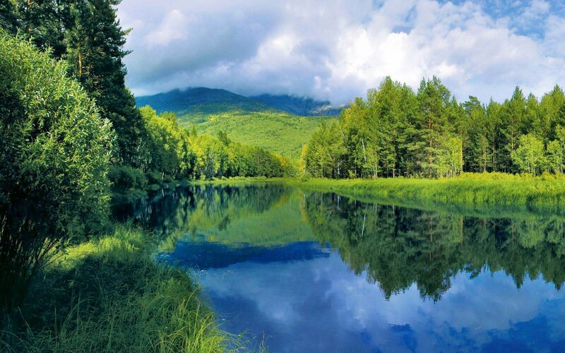 River Reflecting Mountains — Green, Serene