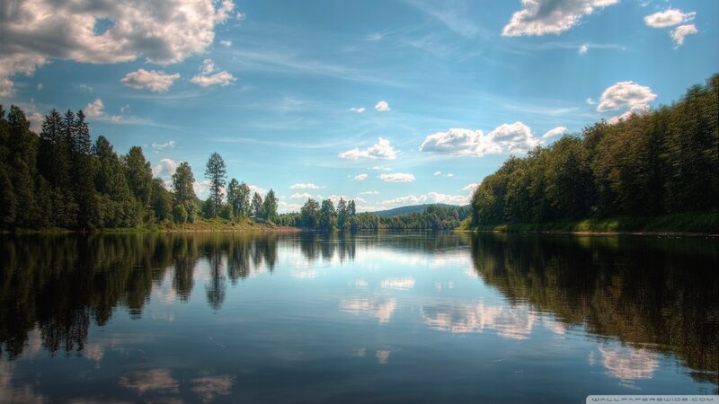 River Reflecting Sky — Blue, Serene, Afternoon, Photograph, Trees, Clouds, Forest