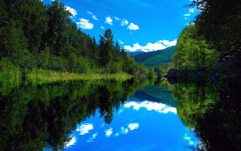 River Reflecting Sky — Blue, Serene, Afternoon, Photograph, Trees, Mountains