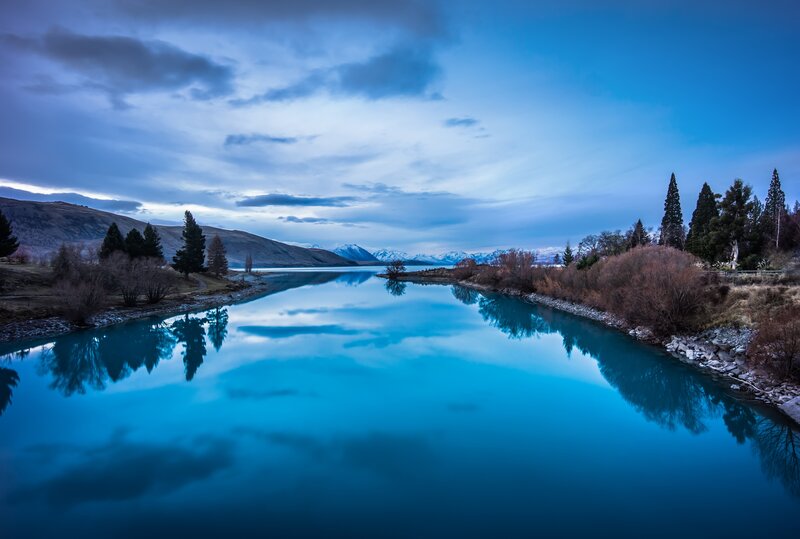 River Reflecting Sky — Blue, Serene, Morning, Photograph