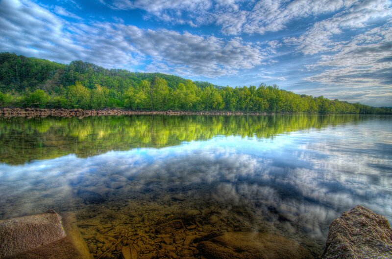 River Reflecting Sky — Blue, Serene, Morning, Photograph, Trees