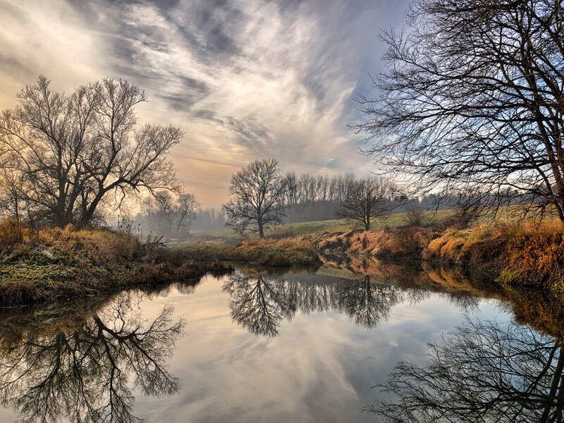 River Reflecting Sky — Blue, Serene, Morning