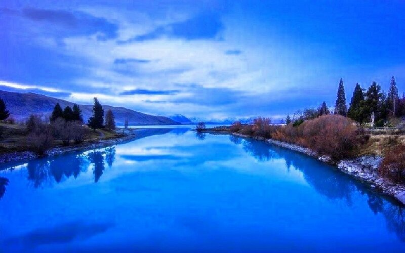 River Reflecting Sky — Blue, Serene, Night