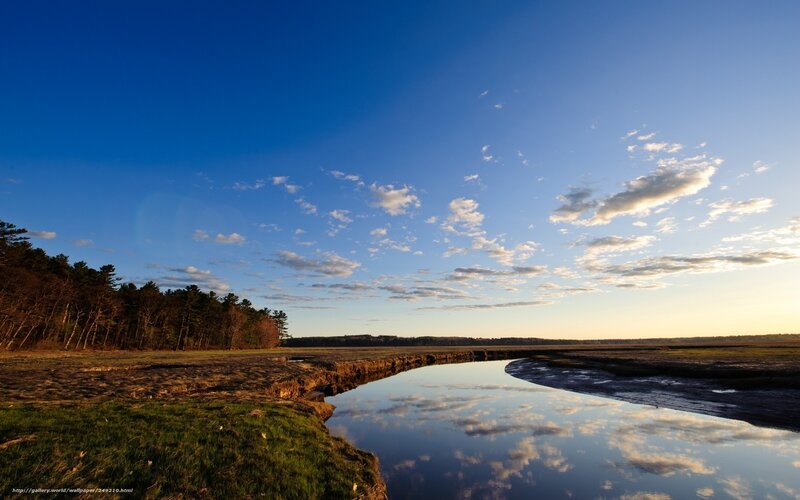 River Reflecting Sky — Blue, Serene, Sunset, Photograph, Clouds