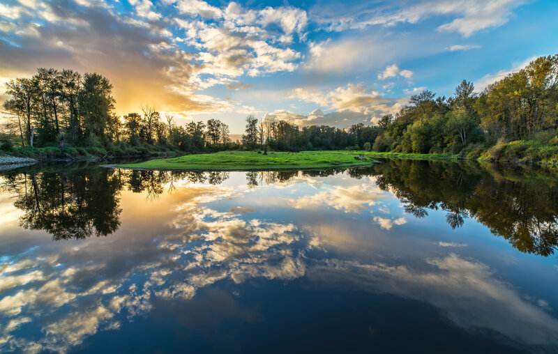 River Reflecting Sky — Blue, Serene, Sunset, Photograph