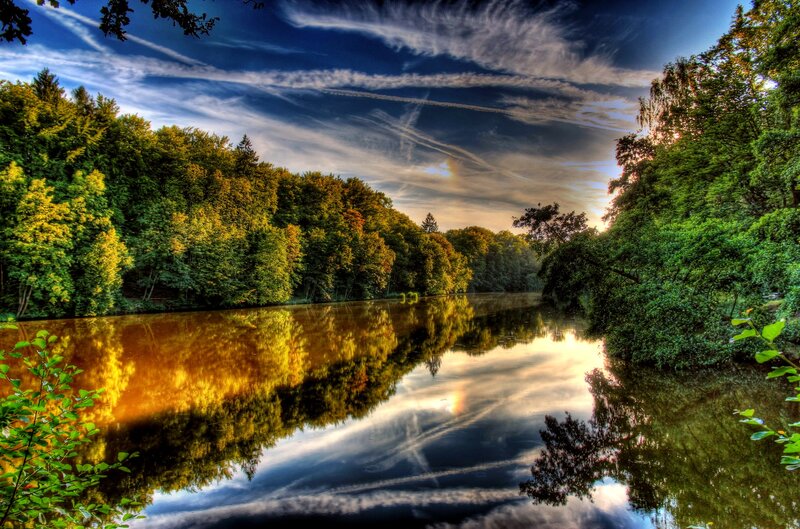River Reflecting Sky — Blue, Serene, Sunset, Photograph, Trees