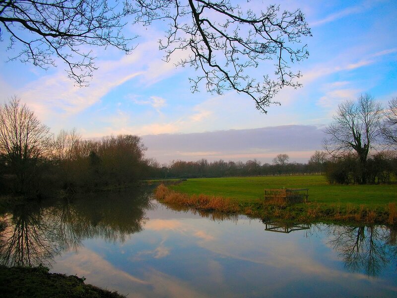 River Reflecting Sky — Blue, Serene, Sunset