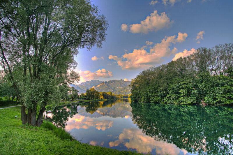 River Reflecting Sky — Green, Serene, Afternoon, Photograph