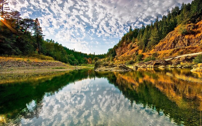 River Reflecting Sky — Green, Serene, Afternoon, Photograph, Trees, Clouds, Rocks