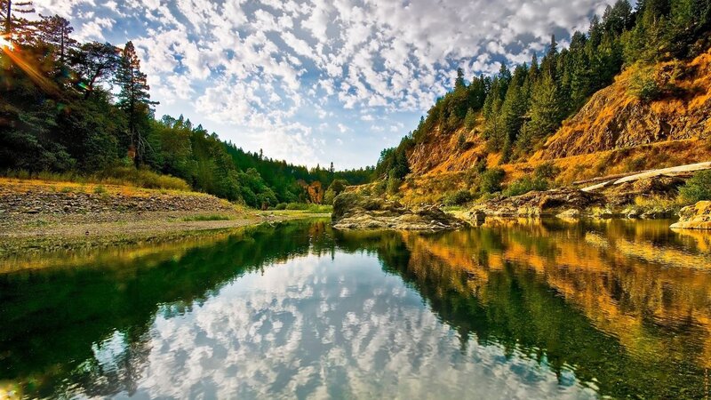 River Reflecting Sky — Green, Serene, Afternoon