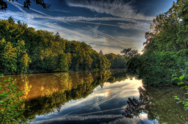 River Reflecting Sky — Green, Serene, Sunset, Photograph