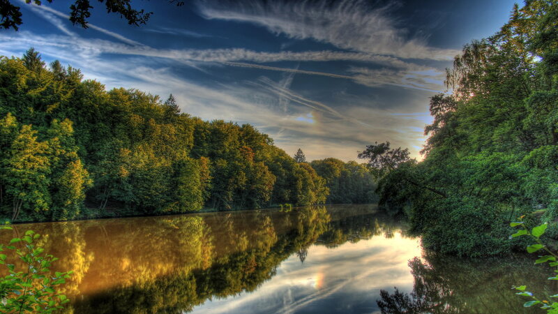 River Reflecting Sky — Green, Serene, Sunset, Photograph, Trees