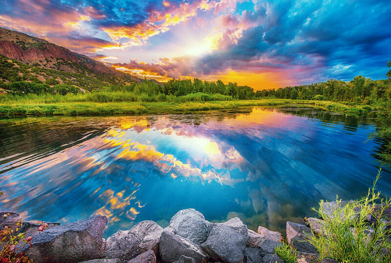 River Reflecting Sunset — Blue, Dramatic