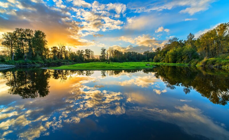 River Reflecting Sunset — Blue, Serene, Photograph