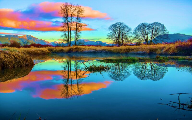 River Reflecting Sunset — Blue, Serene, Photograph, Trees