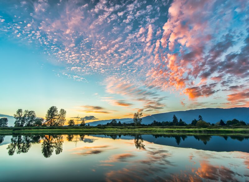 River Reflecting Sunset — Blue, Serene