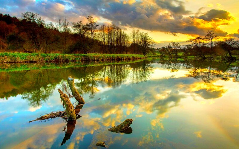 River Reflecting Sunset — Blue