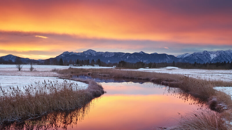River Reflecting Sunset — Orange, Serene, Photograph, Mountains