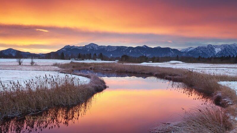 River Reflecting Sunset — Orange, Serene, Photograph