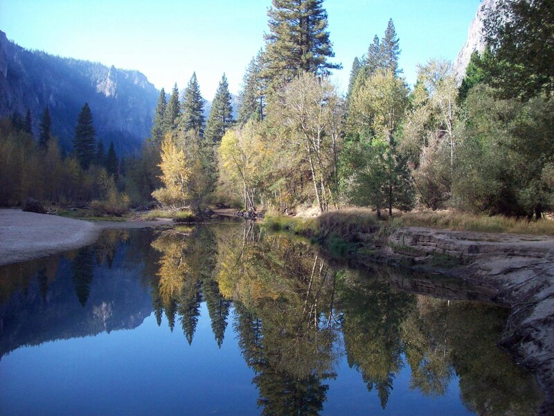 River Reflecting Trees — Blue, Serene, Autumn