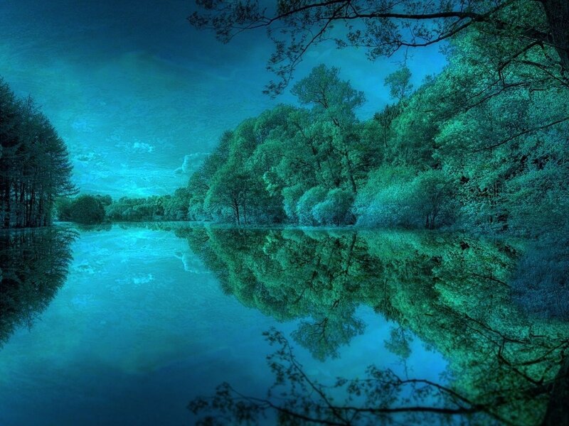 River Reflecting Trees — Blue, Serene