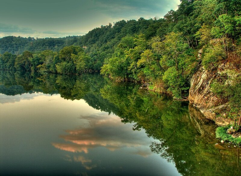 River Reflecting Trees — Green, Serene, Afternoon, Photograph, Cliff