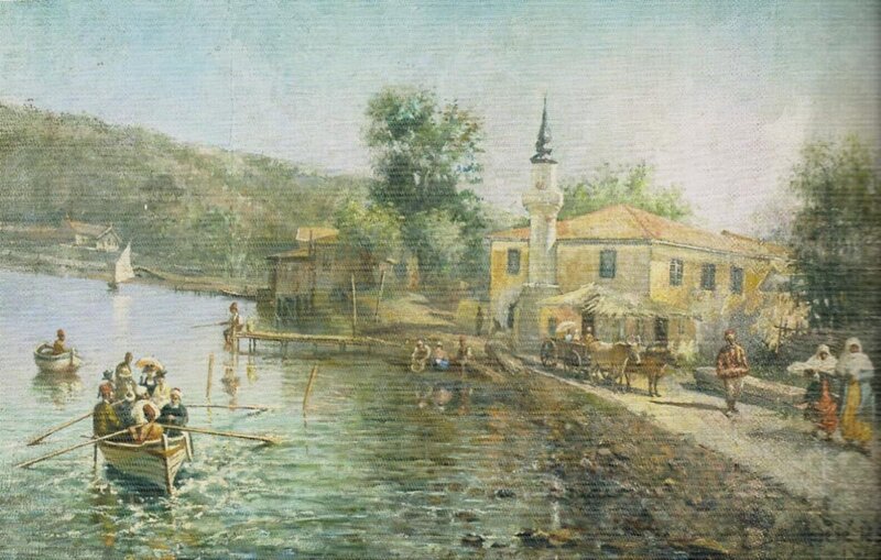 River scene with boat and mosque