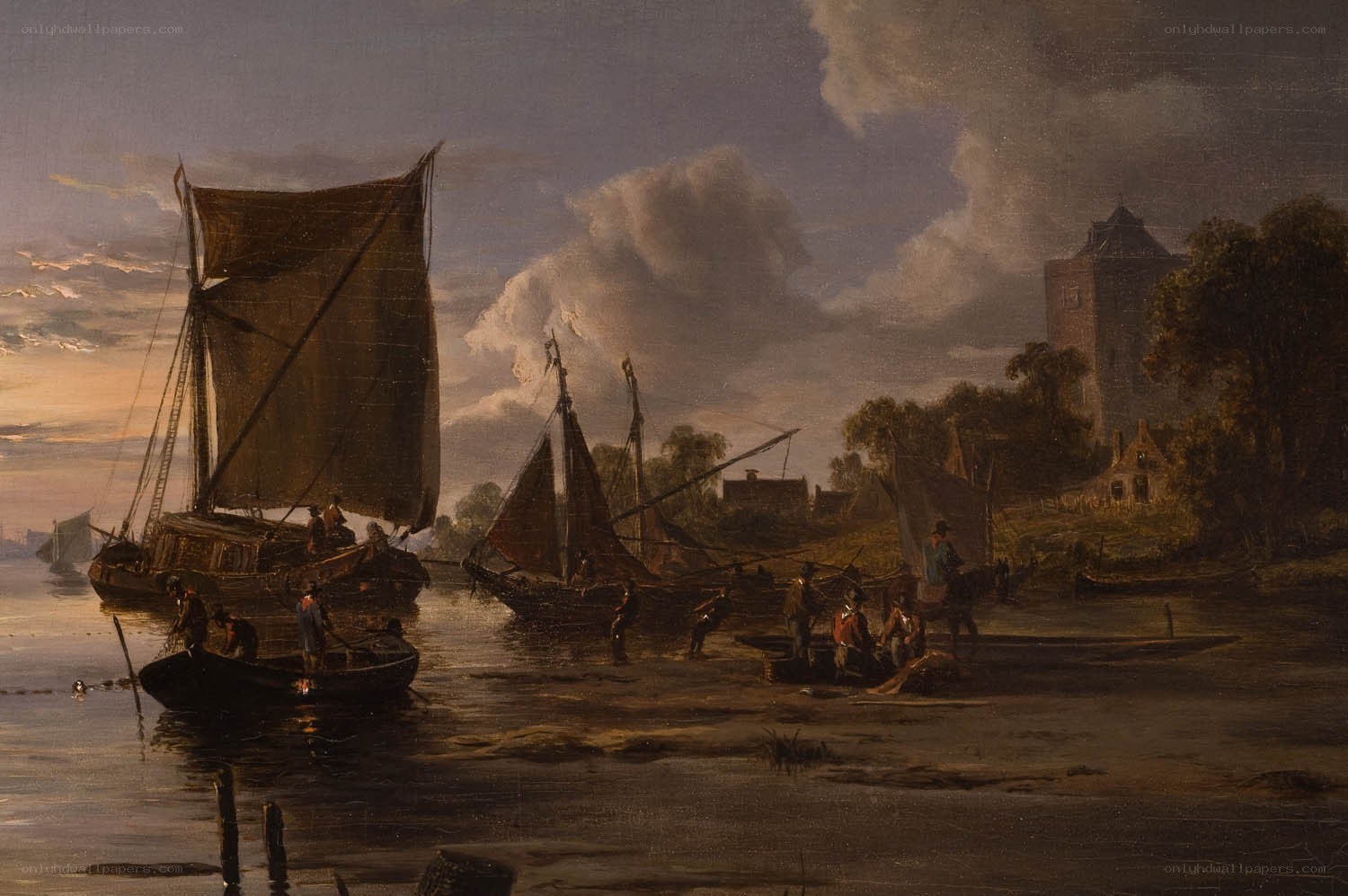 River scene with boats and tower