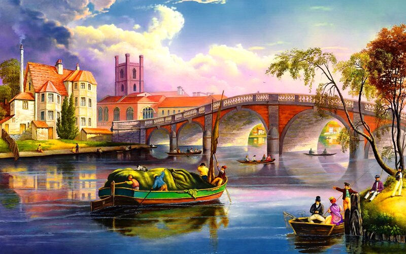 River Scene with Boats — Blue, Serene
