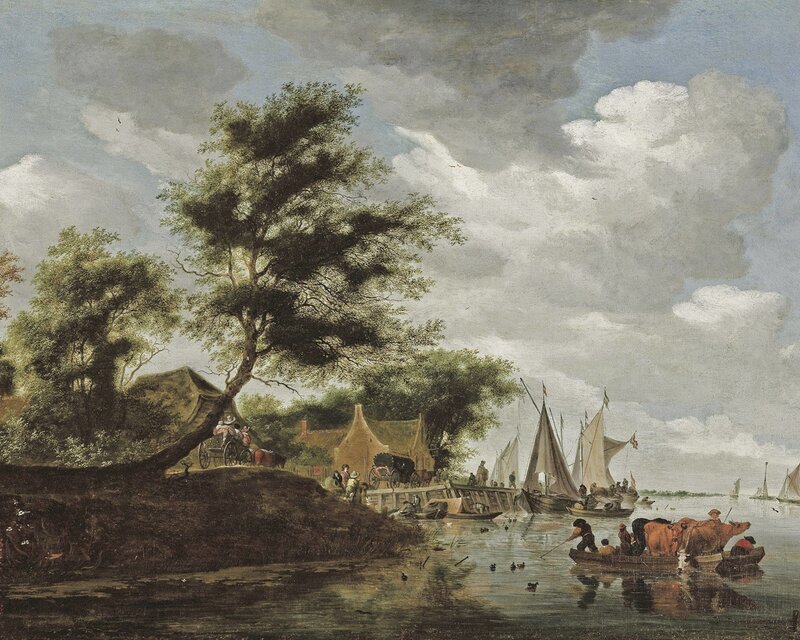 River Scene with Boats — Blue