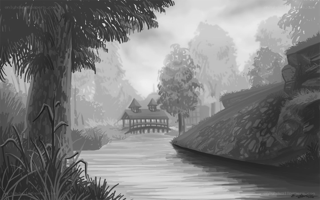 River scene with gazebo