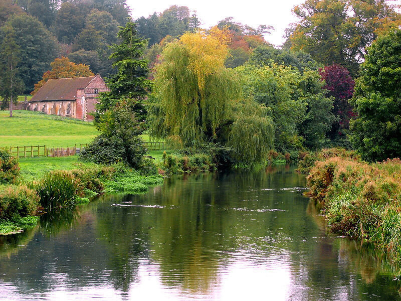 River scene with old building
