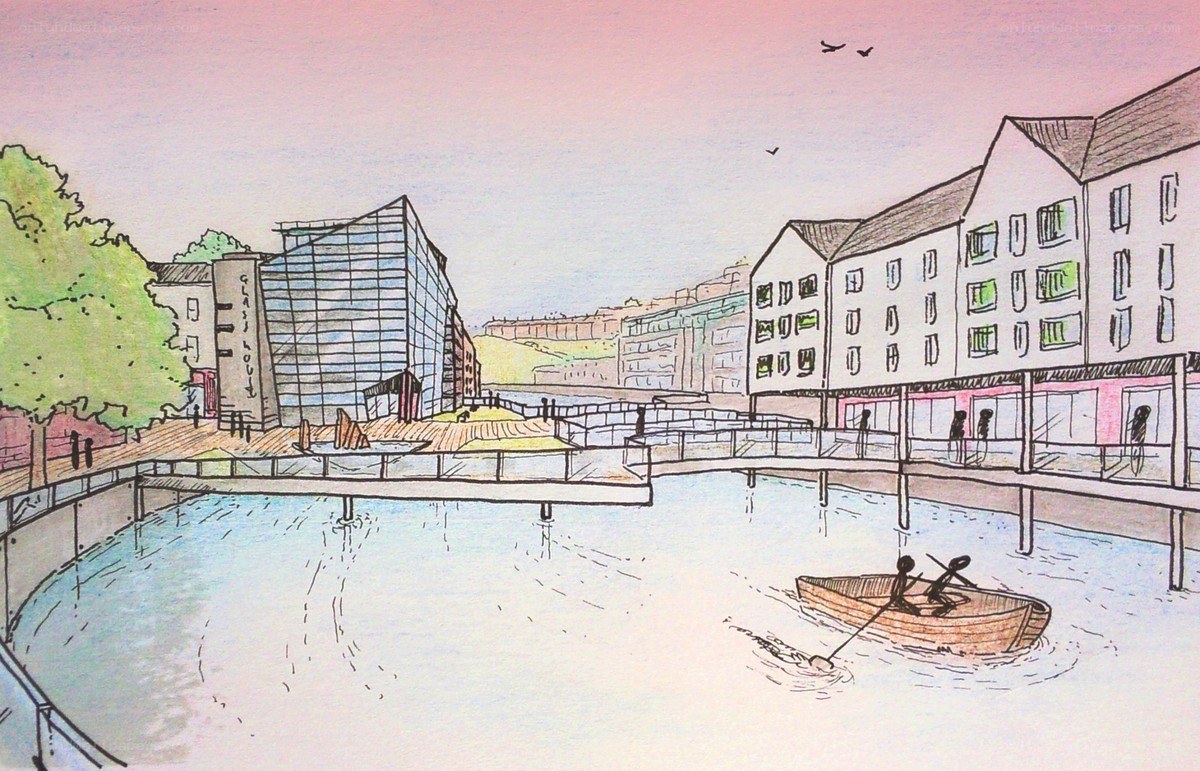River scene with rowboat and buildings