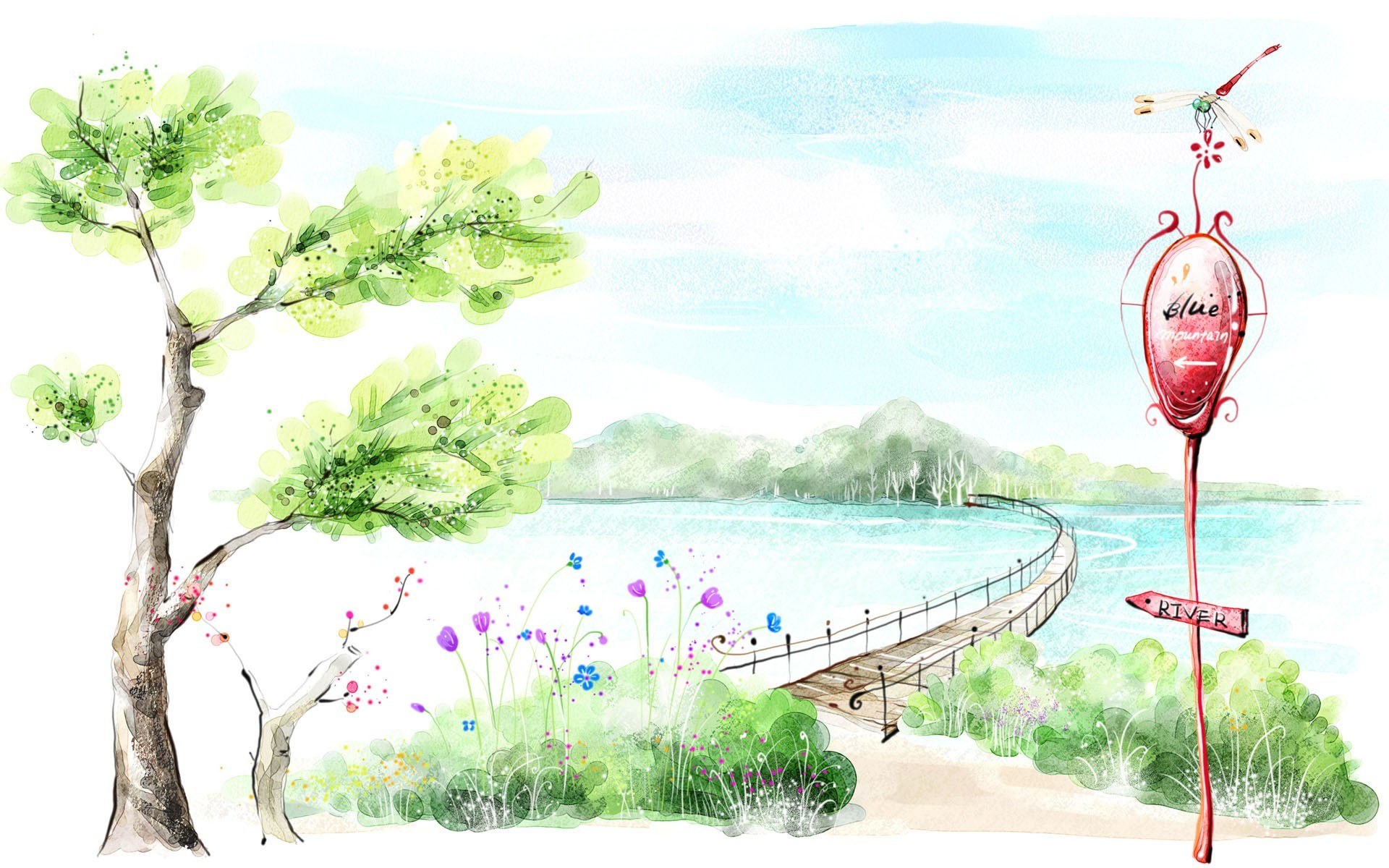 River scene with signpost