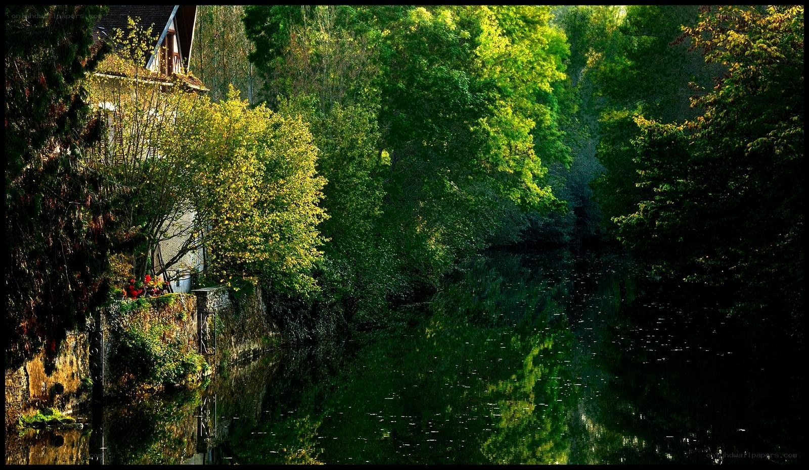 River scene with trees and house