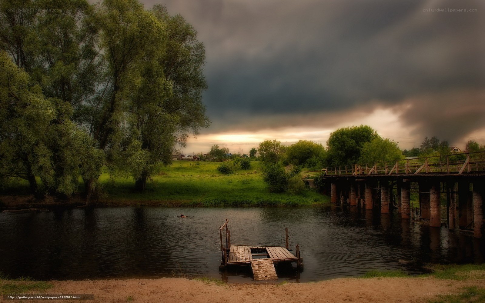 River scene with wooden bridge