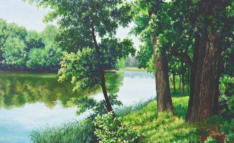 River Surrounded by Trees — Green, Serene, Afternoon, Painting