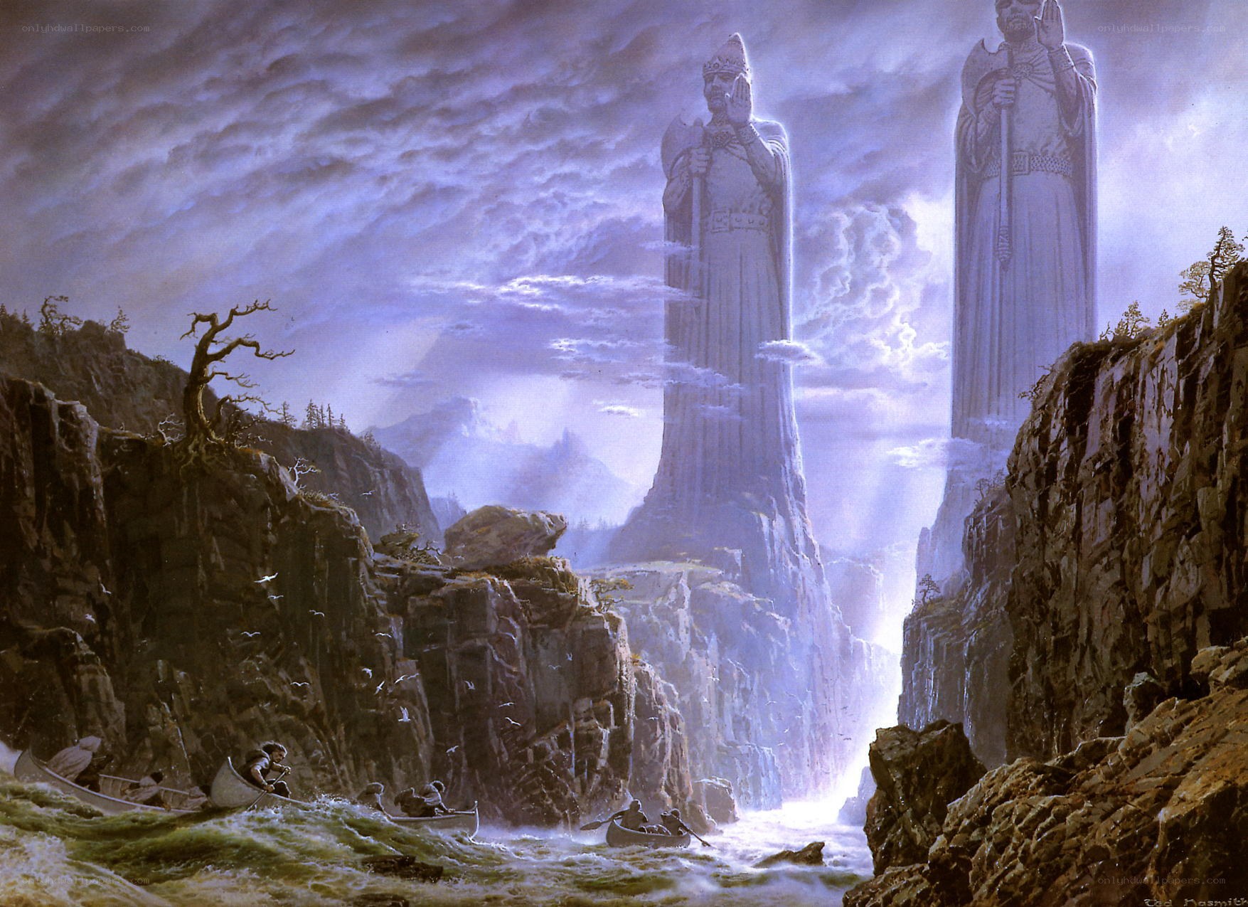River through a canyon with giant statues
