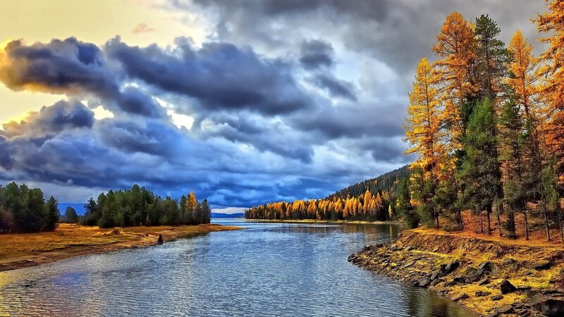 River Through Autumn Forest — Blue, Dramatic, Photograph