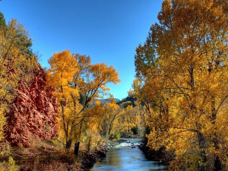 River Through Autumn Forest — Blue, Serene, Photograph, Trees, Cliff