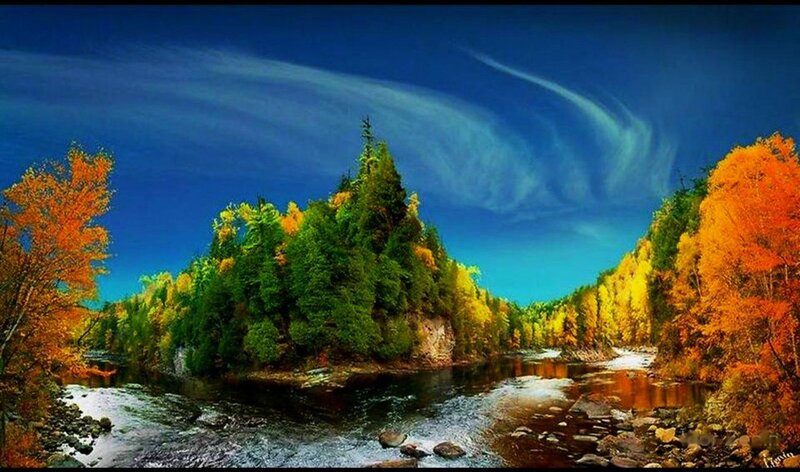 River Through Autumn Forest — Blue, Serene, Photograph, Trees, Sky