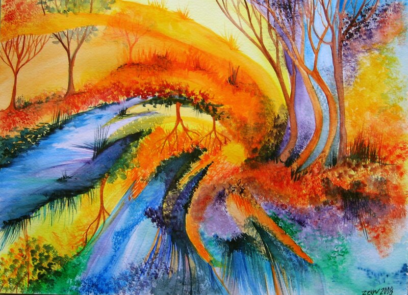 River Through Autumn Forest — Blue, Vibrant